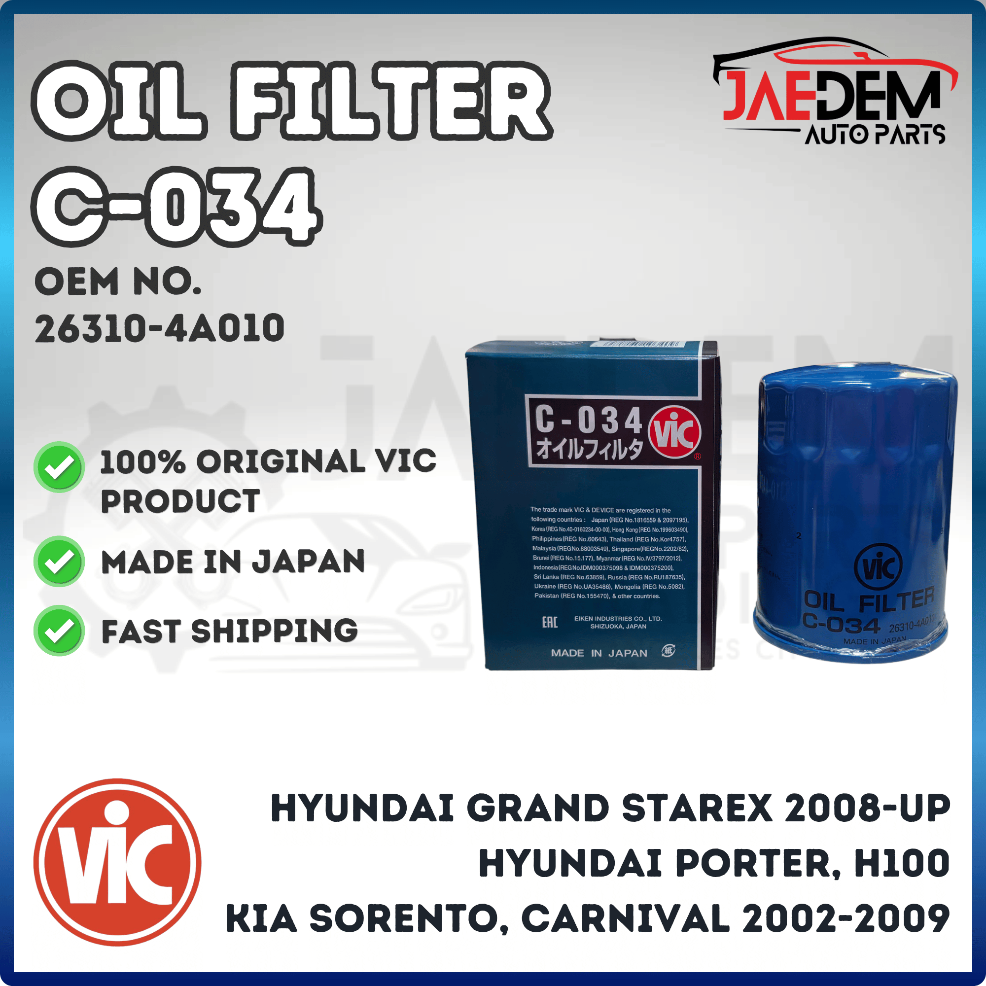 VIC Oil Filter C-034 for Hyundai Grand Starex 2.5 2007-up, H100, Porter & Kia Carnival, Sorento 2.5 Diesel 2002-2009