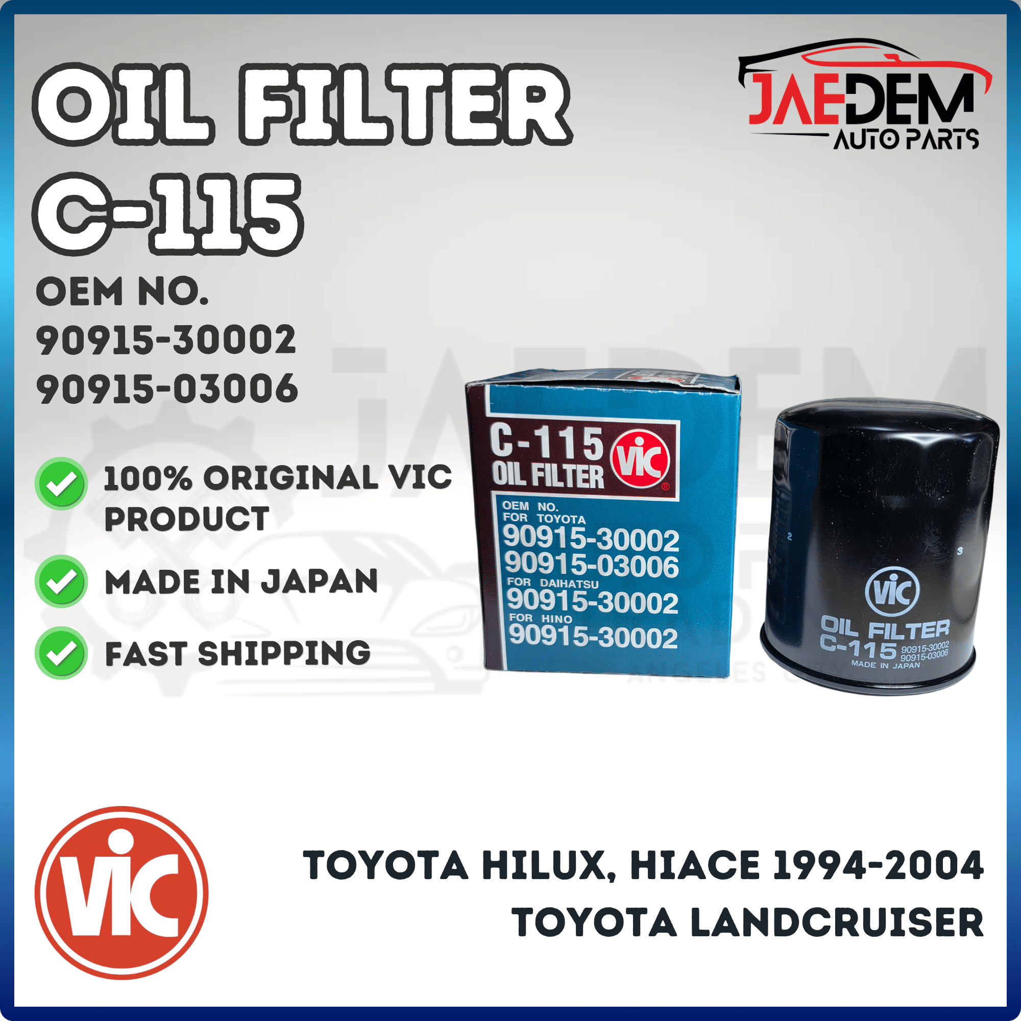 VIC Oil Filter C-115 for Toyota Hilux, Hiace, Landcruiser, Prado 1994-2004 | Made in Japan