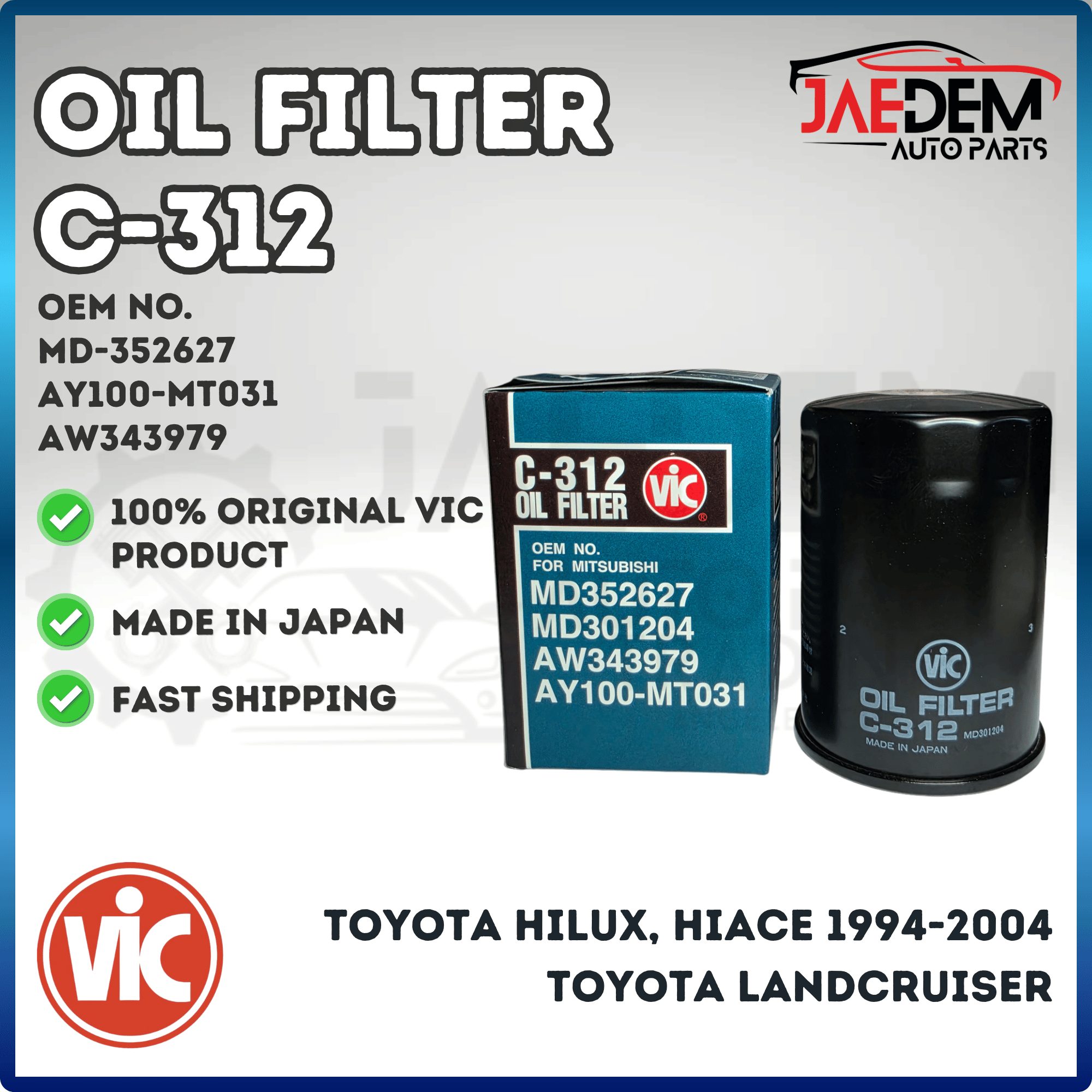 VIC Oil Filter C-312 for Mitsubishi Monterosport, Strada Triton 4N15 2016-up, L300 Euro 4 4N14 Engine | Original Made in Japan