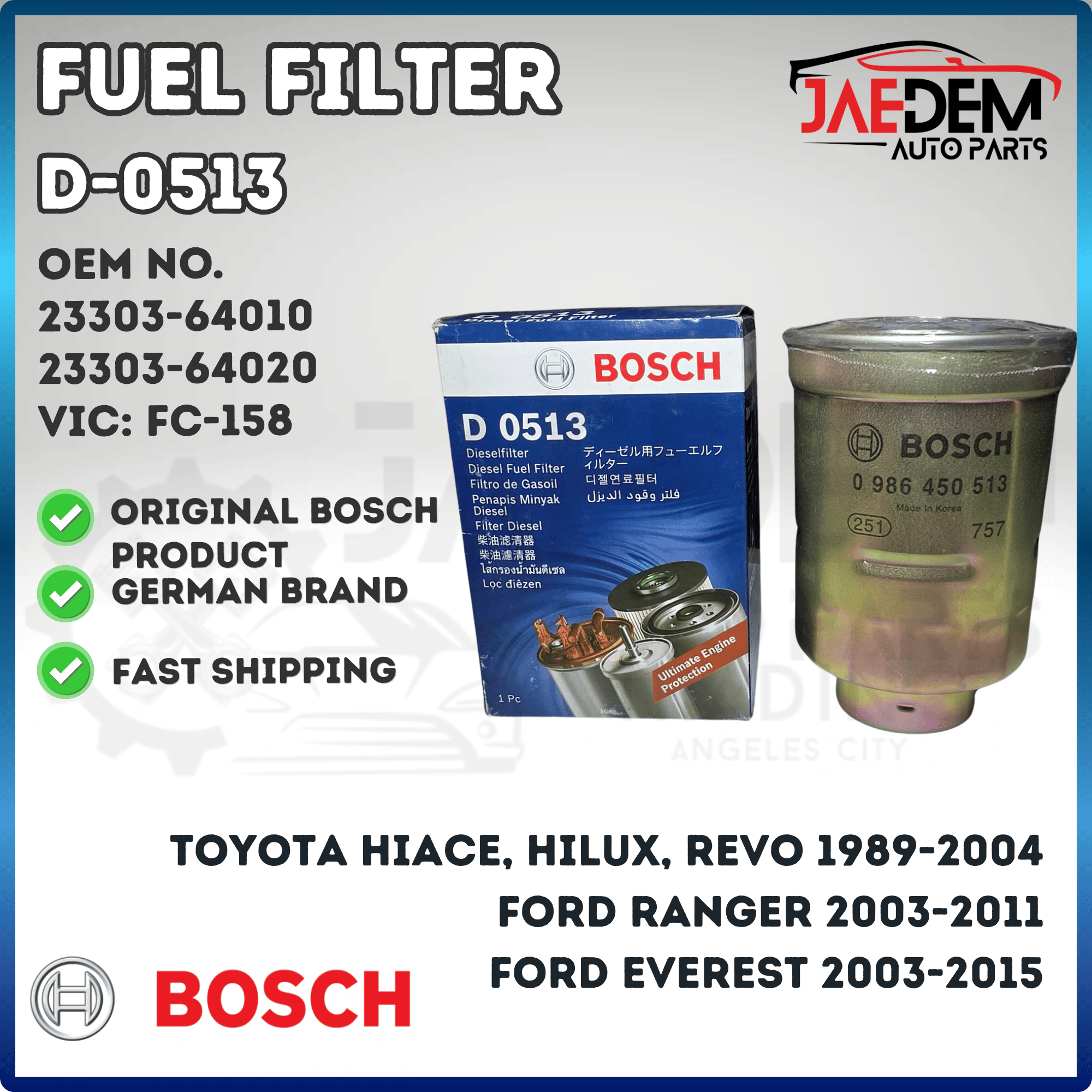 ORIGINAL Bosch Fuel Filter for Toyota Hilux, Hiace, Revo 1989-2004 & Ford Ranger, Everest 2003-2011